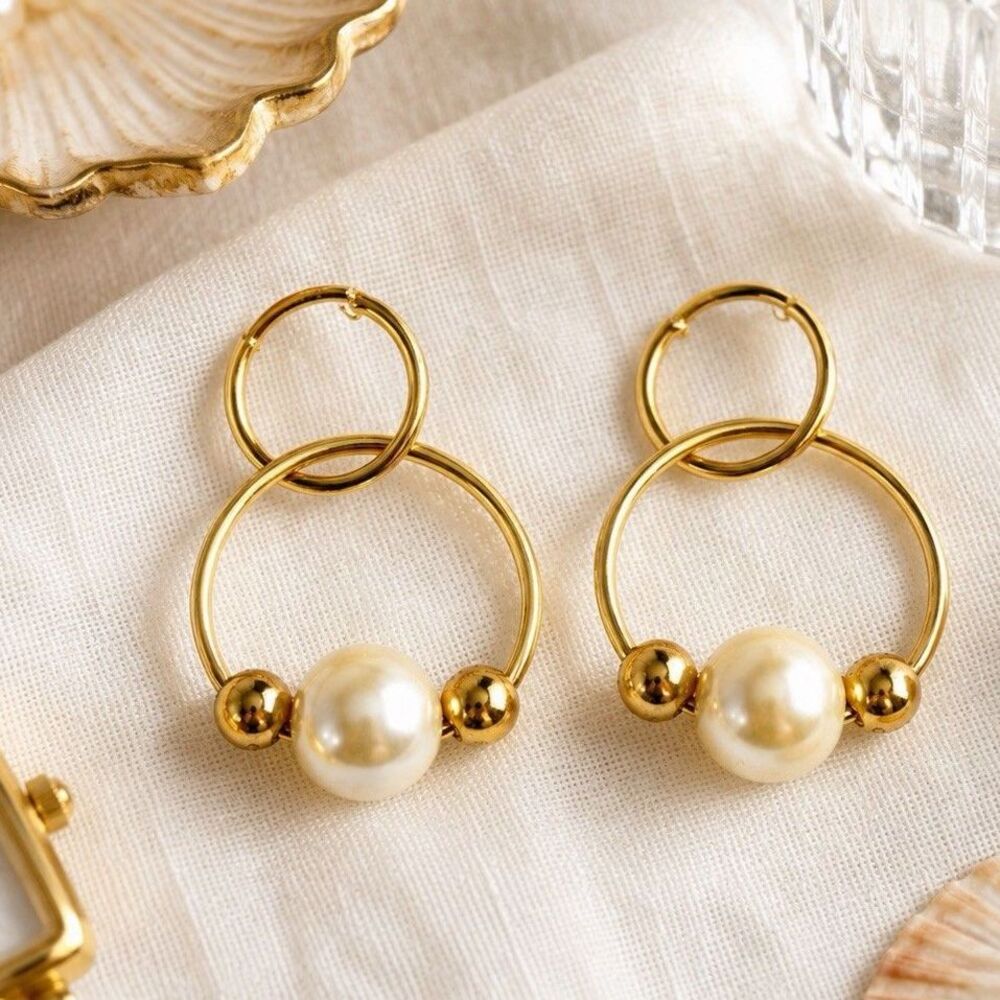 Vintage Gold Tone Faux Pearl Geometric Hoop Dangle Earrings Minimalist Modernist